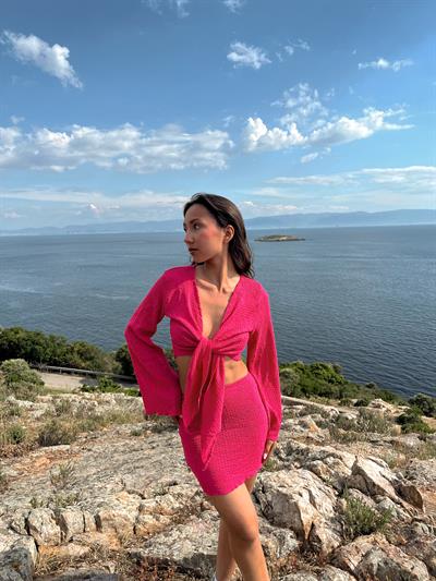 Mavera Pembe Bağlamalı Dokulu Bluz Etek Plaj Takım Pareo