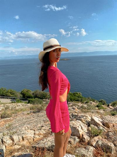 Mavera Pembe Bağlamalı Dokulu Bluz Etek Plaj Takım Pareo