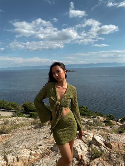 Mavera Yeşil Bağlamalı Dokulu Bluz Etek Plaj Takım Pareo