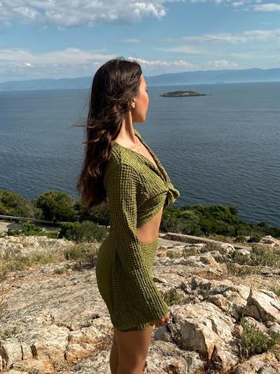 Mavera Yeşil Bağlamalı Dokulu Bluz Etek Plaj Takım Pareo