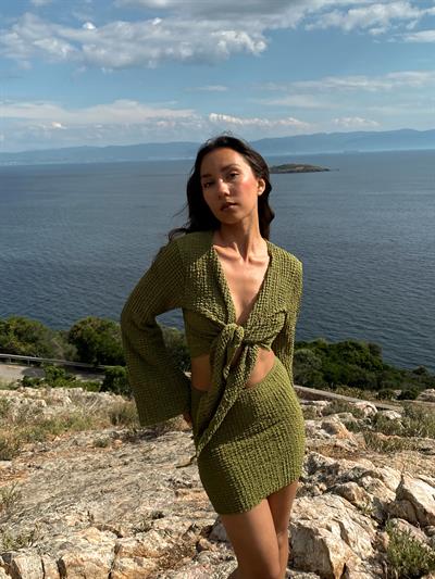 Mavera Yeşil Bağlamalı Dokulu Bluz Etek Plaj Takım Pareo