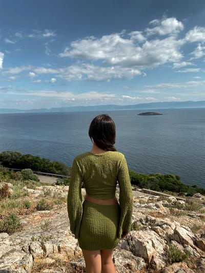 Mavera Yeşil Bağlamalı Dokulu Bluz Etek Plaj Takım Pareo