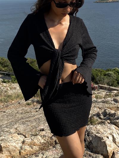 Mavera Siyah Bağlamalı Dokulu Bluz Etek Plaj Takım Pareo