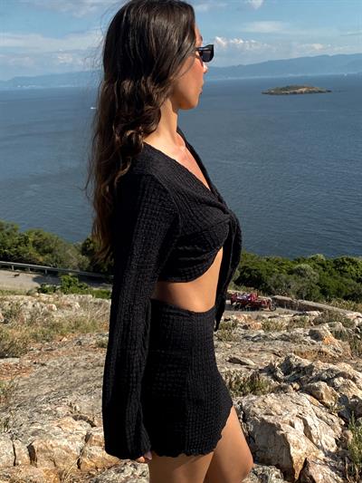 Mavera Siyah Bağlamalı Dokulu Bluz Etek Plaj Takım Pareo