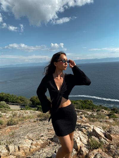 Mavera Siyah Bağlamalı Dokulu Bluz Etek Plaj Takım Pareo
