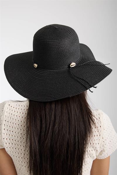Siyah İp Şeritli Deniz Kabuğu Detaylı Hasır Plaj Şapkası