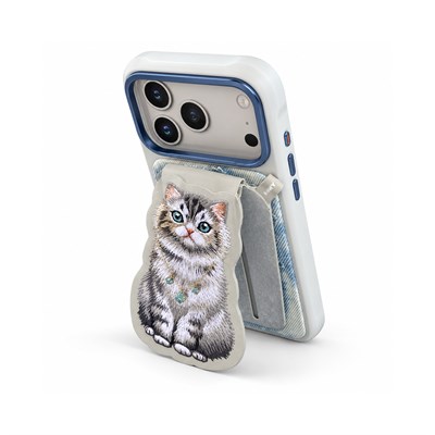 NIMMY Manyetik Standlı iPhone 18 Pro Max Uyumlu 3D Nakışlı Kedili Değiştirilebilir Kartlıklı Kılıf Gri