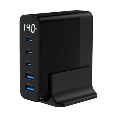 X-LEVELXC4048 140W GaN QC PD Fast Hızlı 3 USB-C / TYPE-C 2 USB-A 5 Çıkışlı Ekranlı Dock Çoklu Şarj Aleti Adaptörü