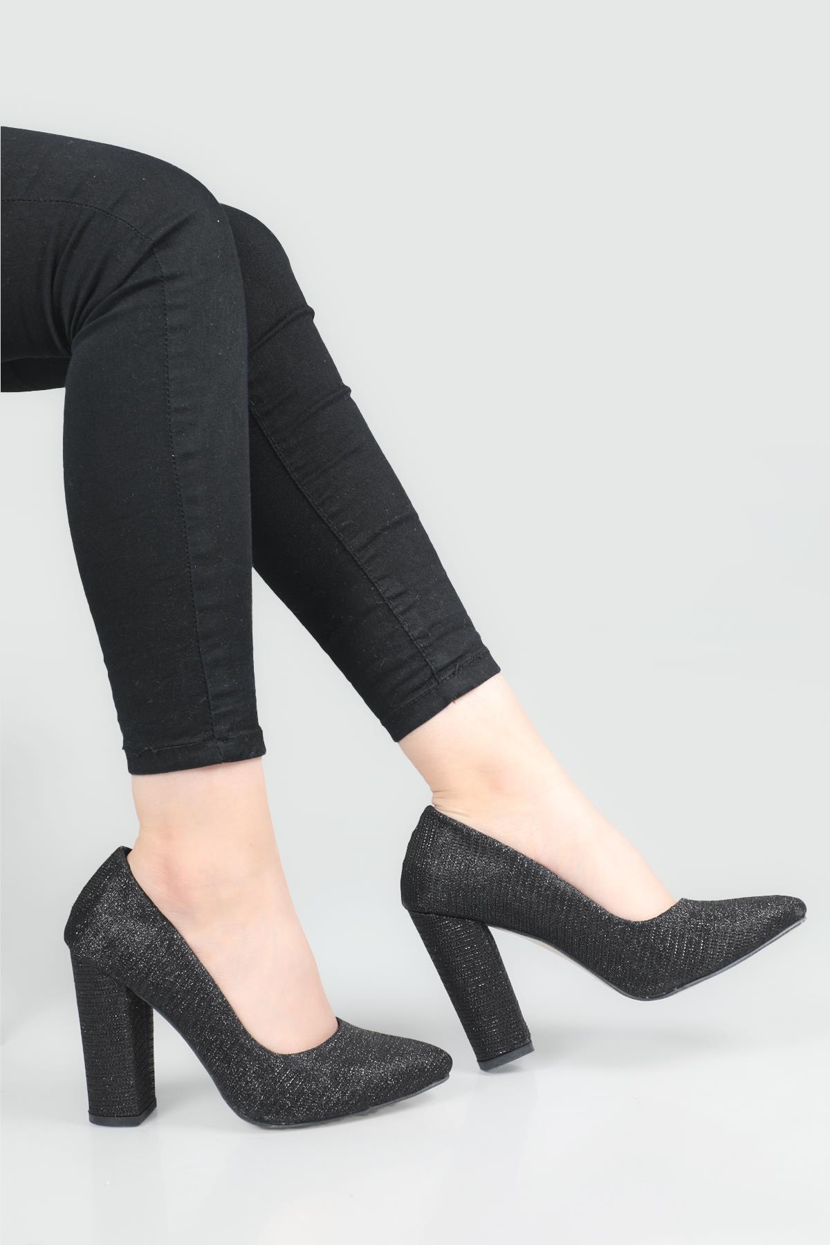 11 Cm Kalın Topuklu Siyah Simli Kadın Ayakkabı Pare 09 Kadın Yüksek Topuklu Carla Bella CARLA BELLA SR-09 Kadın