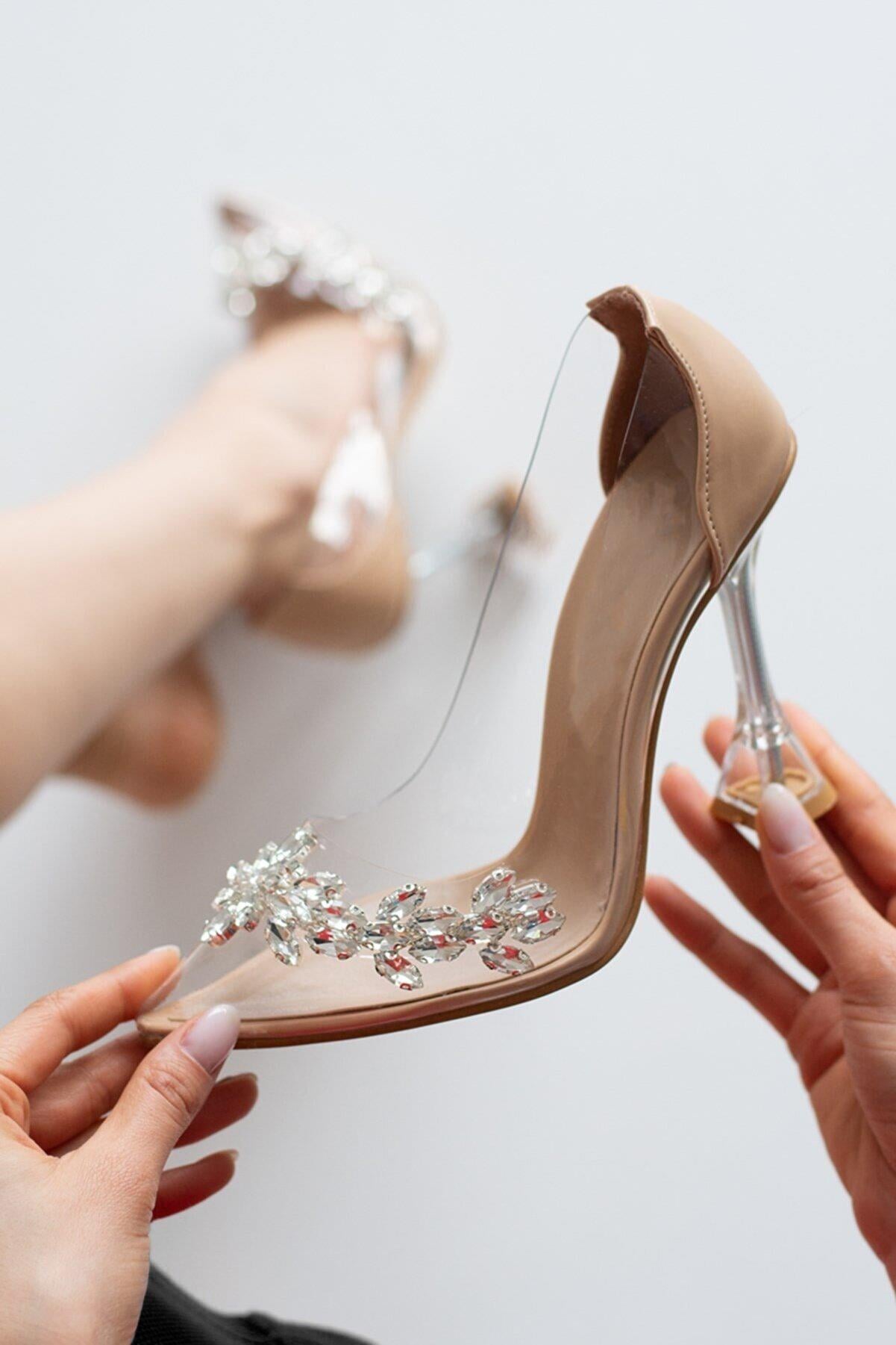 11 Cm Şampanya Topuk Şeffaf Taşlı Stiletto Ten Kadın Ayakkabı SERİVA Kadın Stiletto Carla Bella My Bella Seriva Şeffaf 22Y