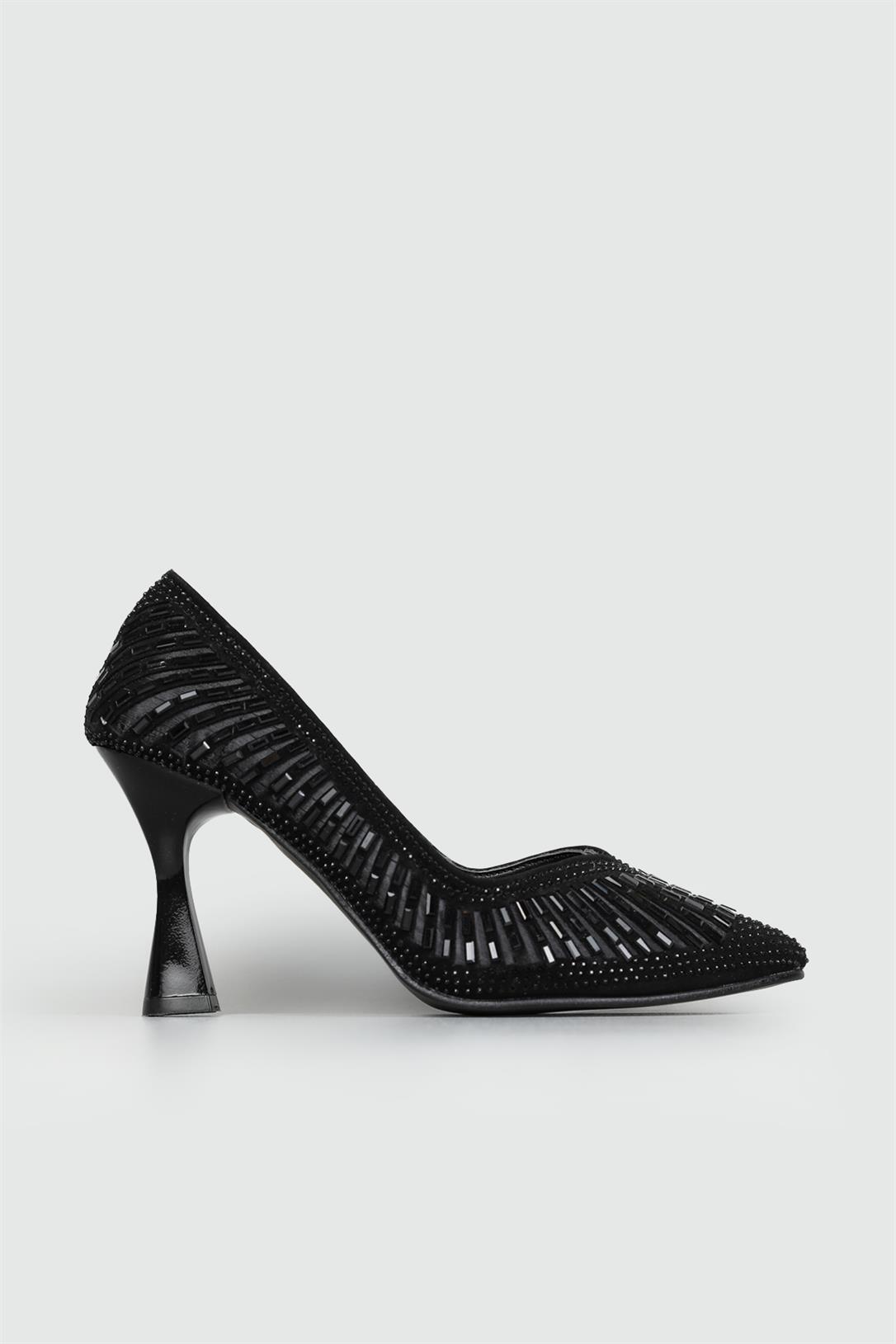 9 cm Taş Kaplamalı Tüllü Topuklu Stiletto Siyah Taşlı Kadın Ayakkabı SÇ-224 Kadın Stiletto Carla Bella My Bella SÇ-224 23Y