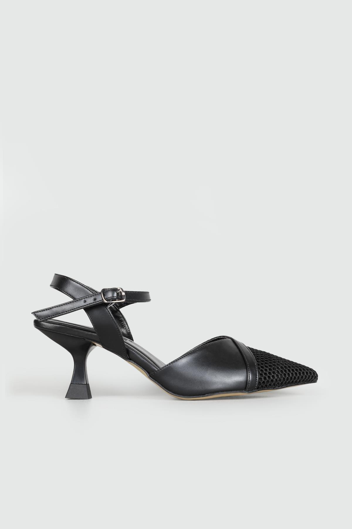 Alçak Topuklu Triko Dantelli Siyah Kadın Sandalet 70-140 Kadın Topuklu Sandalet FELES FELES 70-144 Kadın Sandalet