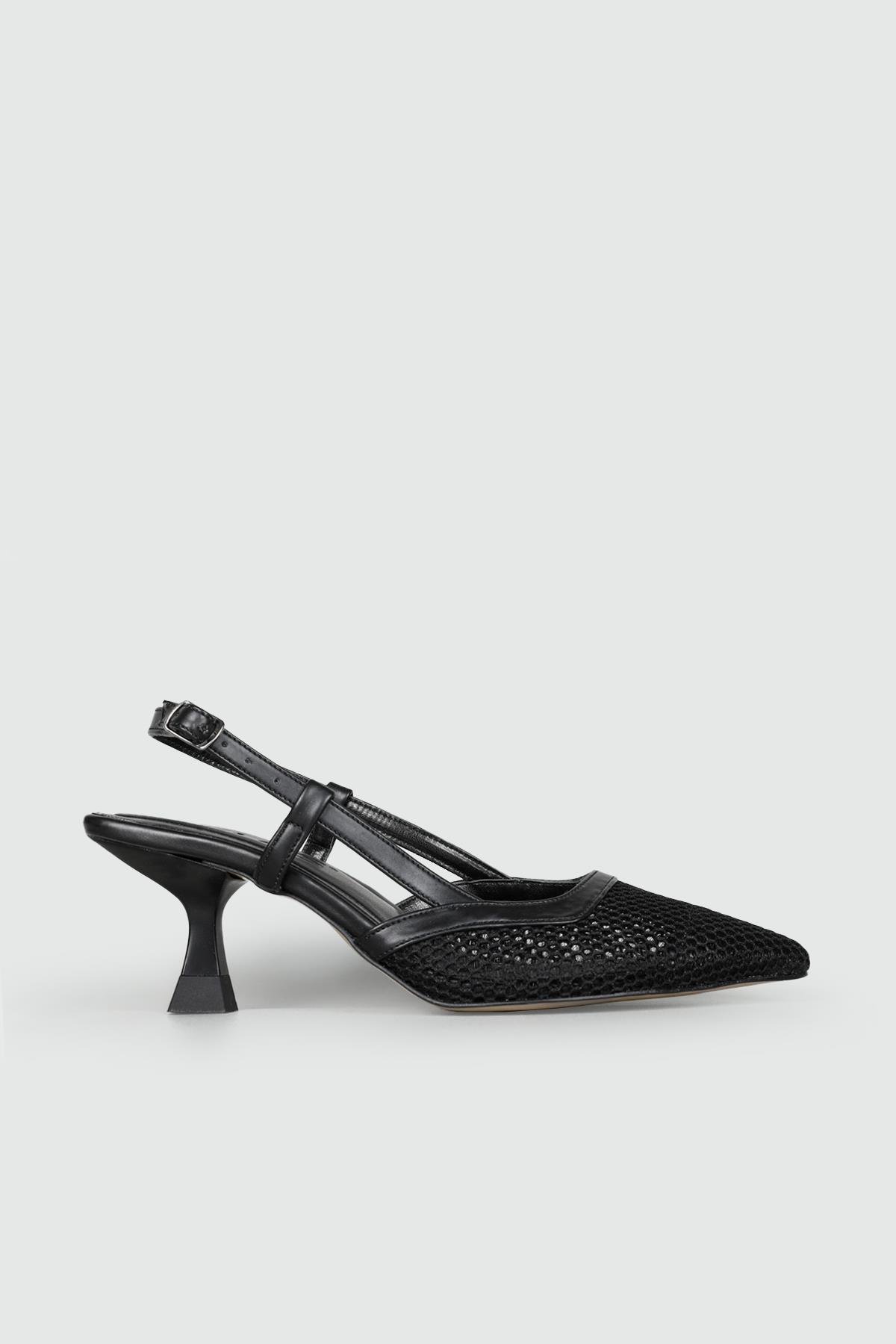 Alçak Topuklu Triko Dantelli Siyah Kadın Sandalet 70-140 Kadın Topuklu Sandalet FELES FELES 70-140 Kadın Sandalet