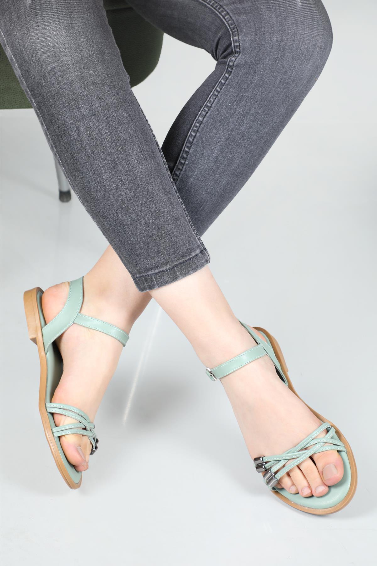 Bilek Bağlamalı Bantlı Mint Yeşil Kadın Sandalet A-1504 Kadın Düz Sandalet Carla Bella My Bella A-1504 22Y