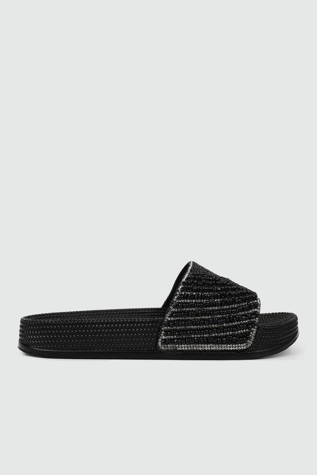 Boncuklu Taşlı Siyah Kadın Terlik 20037-02 Kadın Günlük Terlik Pienn PİENN 20037-02 ZEN TERLİK