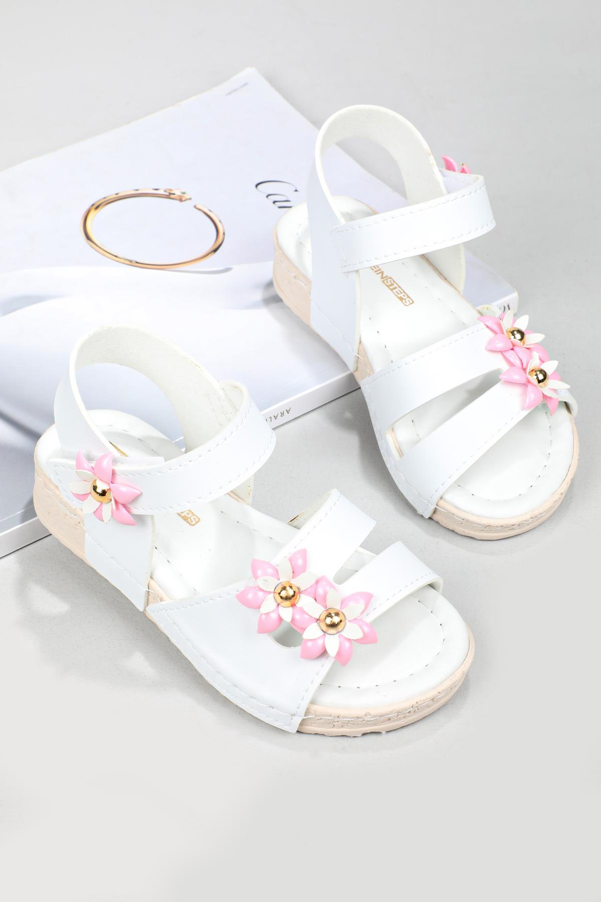 Çiçekli Cırtlı Rahat Beyaz Çocuk Sandalet 2455 Çocuk Sandalet Beınsteps Beinsteps 2455 22Y