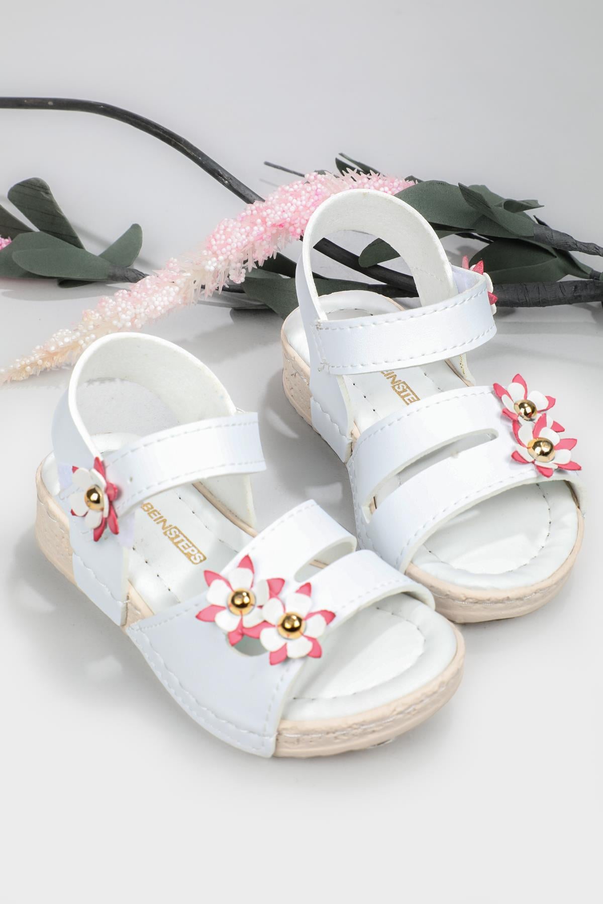 Çiçekli Cırtlı Rahat Beyaz Çocuk Sandalet 2455 Çocuk Sandalet Beınsteps Beinsteps 2455 Bebe 22Y