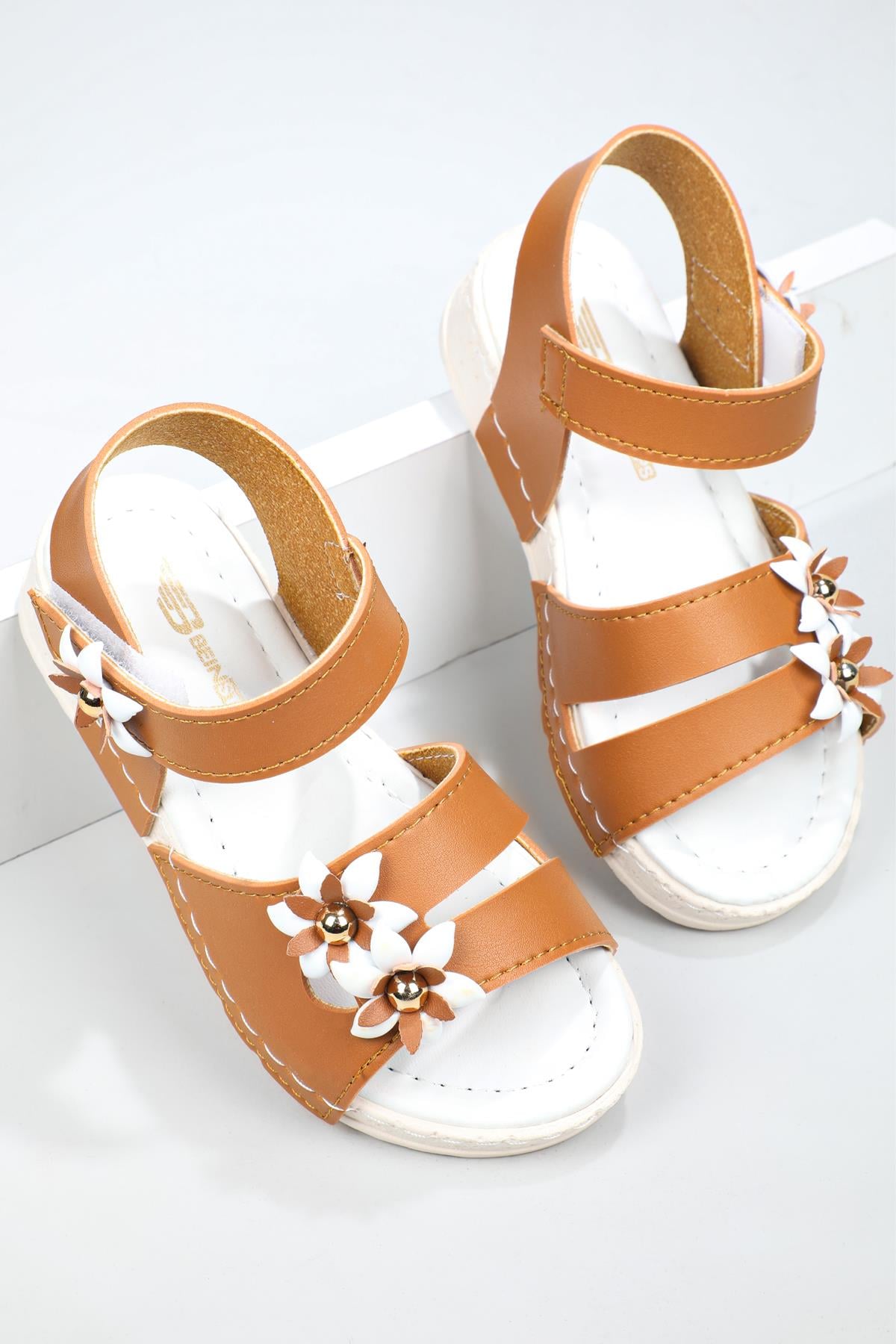 Çiçekli Cırtlı Rahat Taba Çocuk Sandalet 2455 Çocuk Sandalet Beınsteps Beinsteps 2455 Bebe 22Y