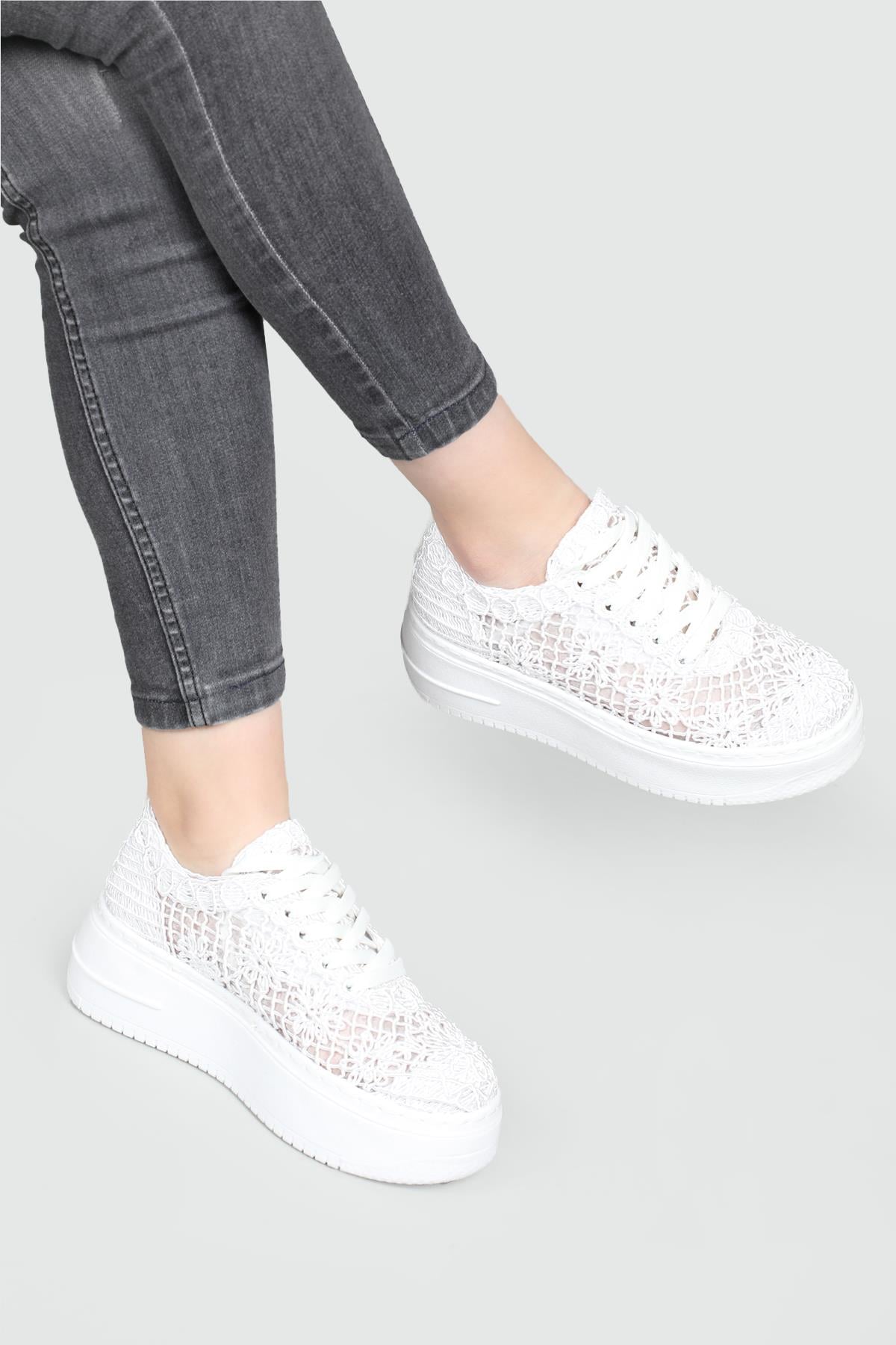 Dantelli Bağcıklı Kalın Taban Beyaz Kadın Spor Ayakkabı Ş-18 Kadın Sneaker Beınsteps Beinsteps Ş-18 22Y