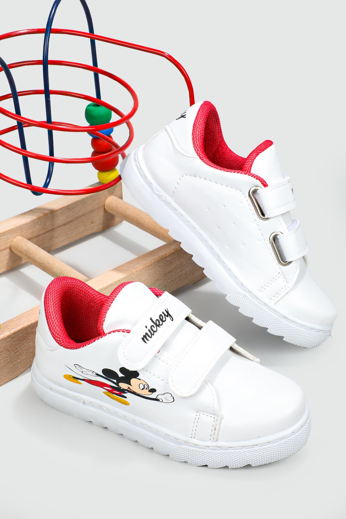 Esnek Taban Mickey Baskılı Cırtlı Sneaker Beyaz Kırmızı Çocuk Spor Ayakkabı MİCKEY Çocuk Sneaker Beınsteps Beinsteps Mickey 22Y