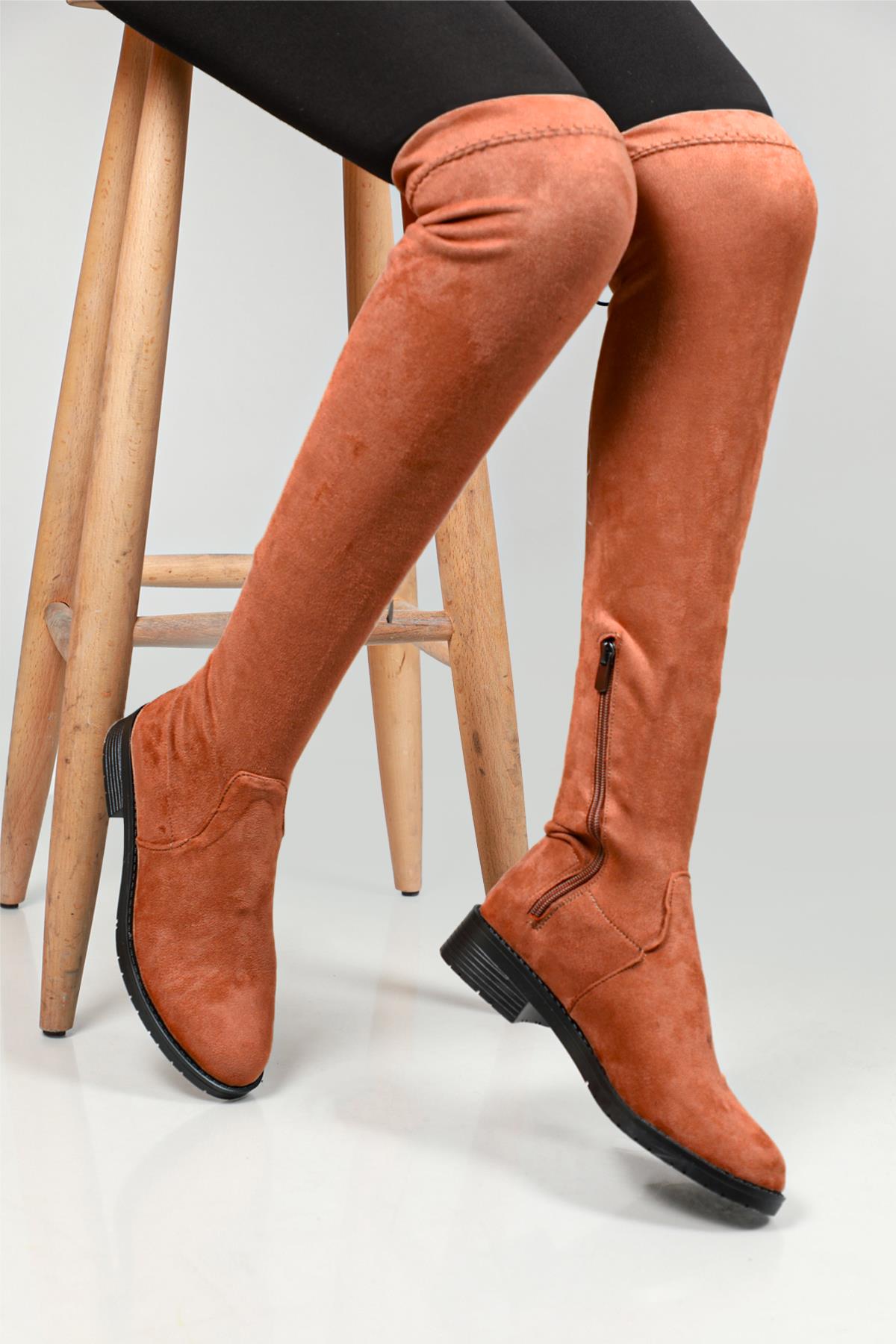 Fermuarlı Lastikli Streç Çizme Taba Süet Kadın Bot ZR-200 Kadın Çizme Carla Bella Carla Bella ZR-200 Çizme