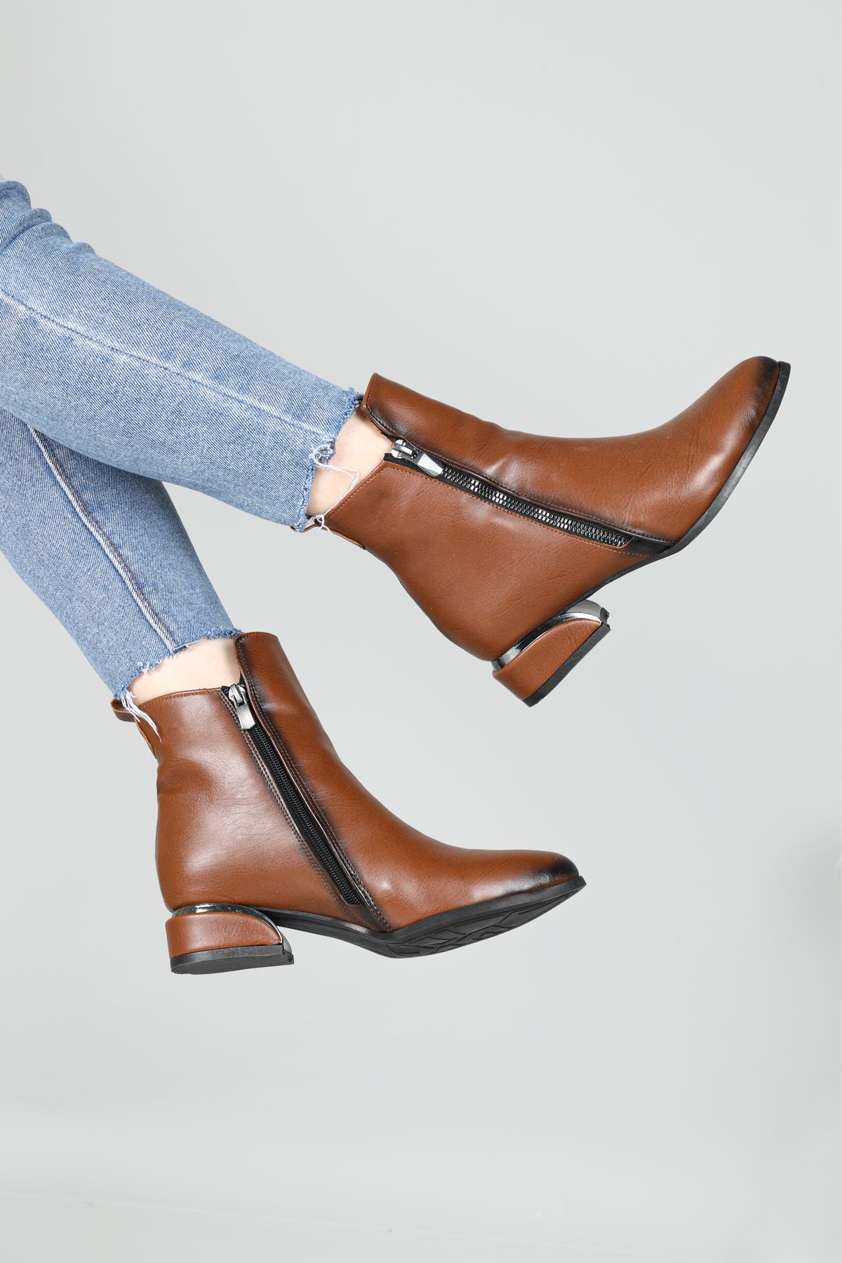 Günlük Çift Fermuarlı Taba Kadın Bot E-604 Kadın Günlük Conford Bot Carla Bella My Bella E-604 22K