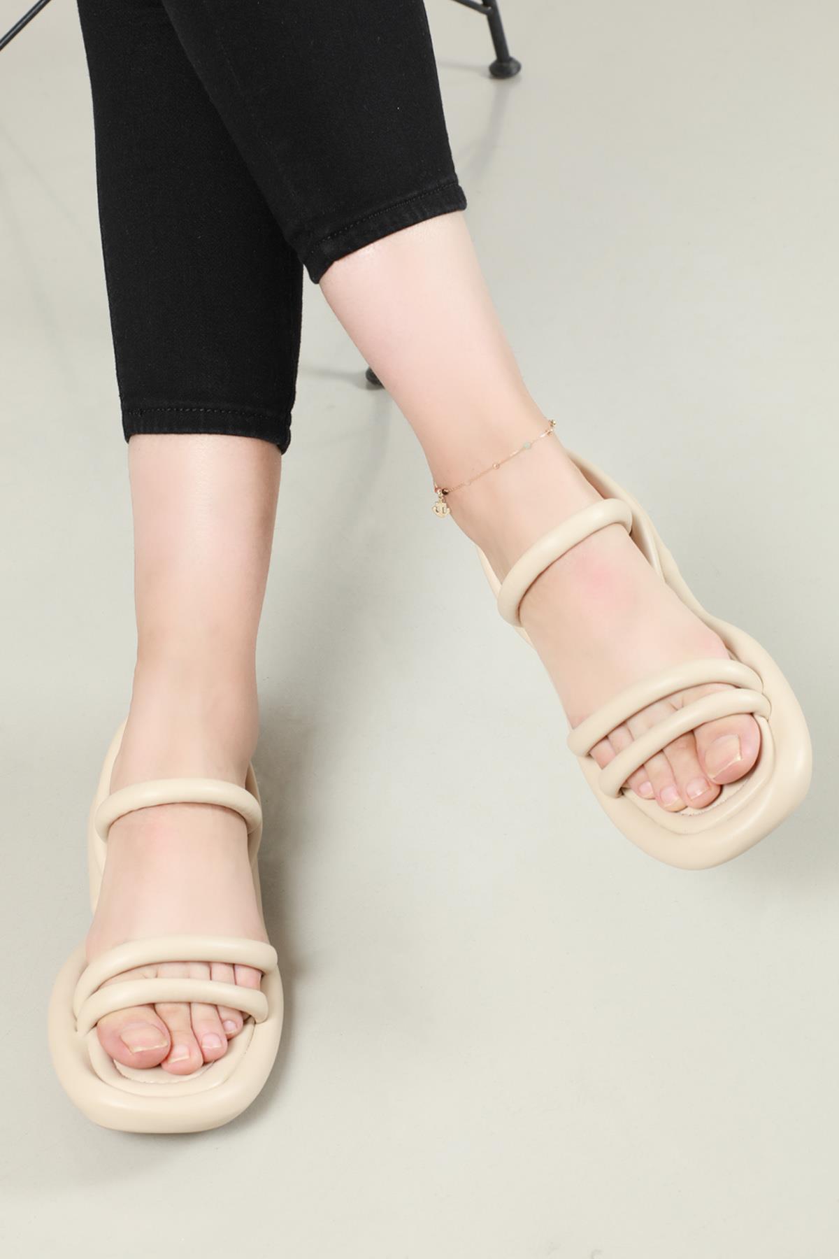 Günlük Rahat Bej Kadın Sandalet RSL-2185 Kadın Düz Sandalet RSL RSL-2185 Sandalet