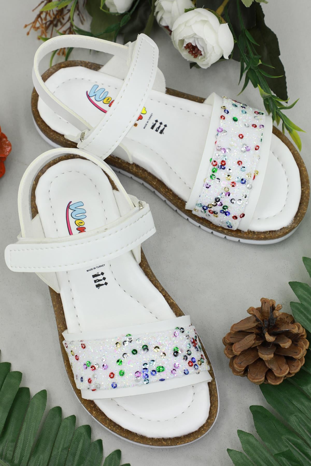 Günlük Rahat Beyaz Çocuk Sandalet K-28 Çocuk Sandalet Wendy Wendy K-28 TAŞLI
