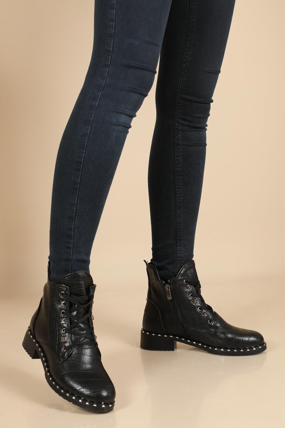 Günlük Rahat Siyah Kroka Kadın Bot S-415 Kadın Günlük Conford Bot Carla Bella SERVET S-415 TROPLU