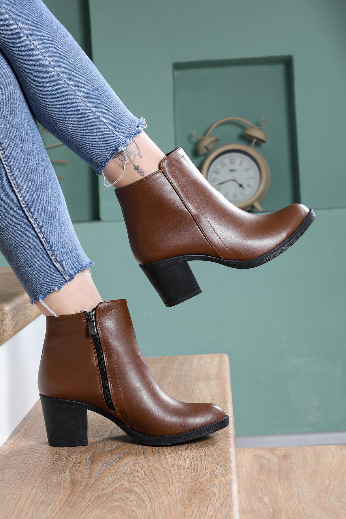 Günlük Topuklu Taba Kadın Bot B-404 Kadın Klasik Bot Carla Bella DORA B-404 HAZIR