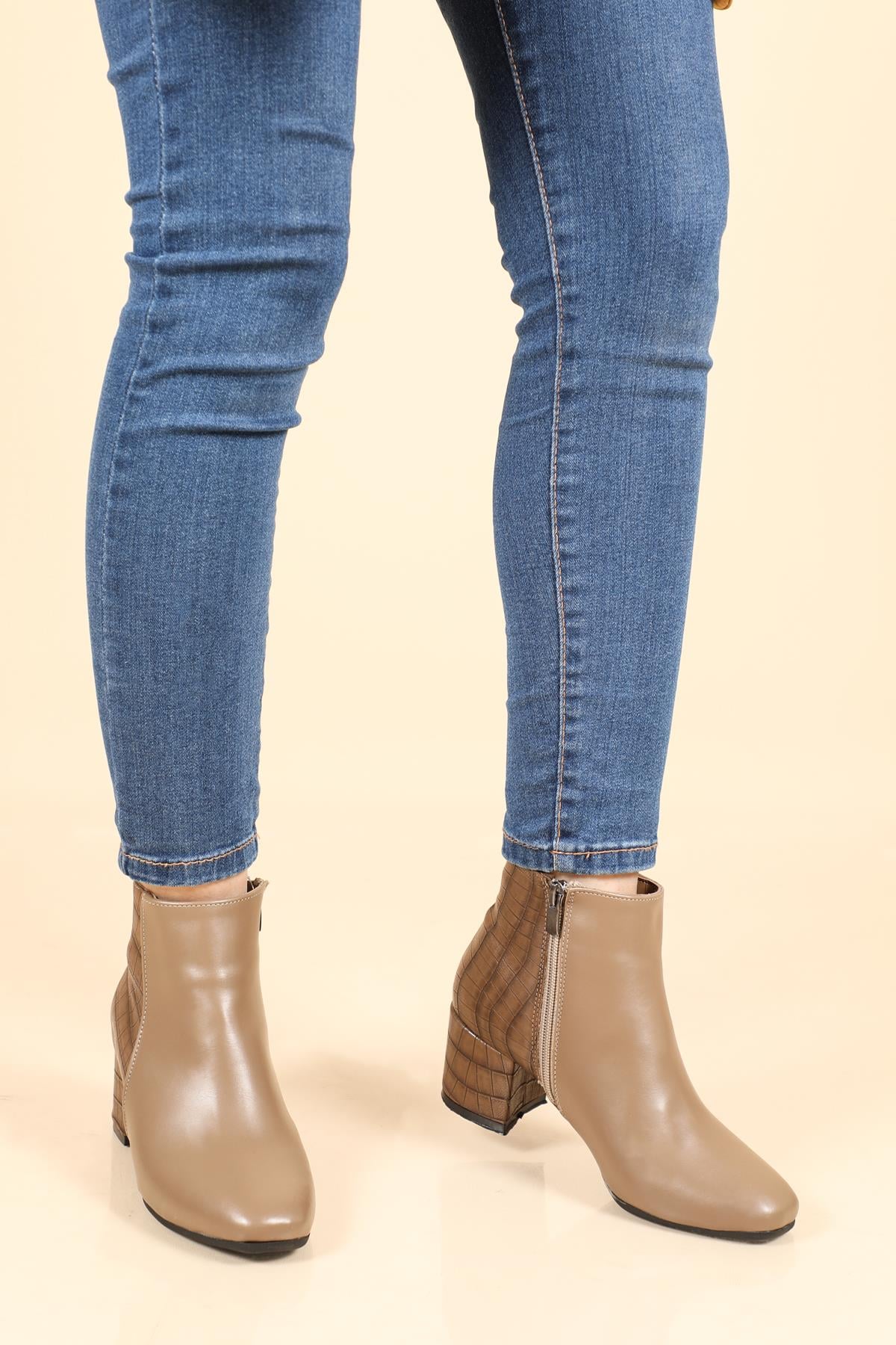 Günlük Topuklu Vizon Kroka Kadın Bot V-0064 Kadın Günlük Conford Bot Carla Bella VİENTO V-0064 BOT