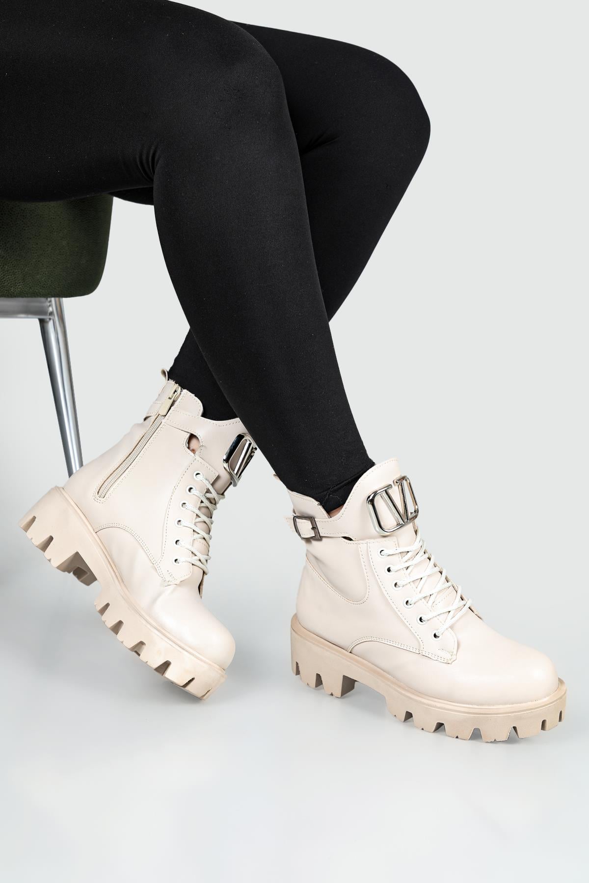 Günlük Traktör Taban Fermuarlı Krem Kadın Bot P125 Kadın Günlük Conford Bot Carla Bella Dualipa P125 22k