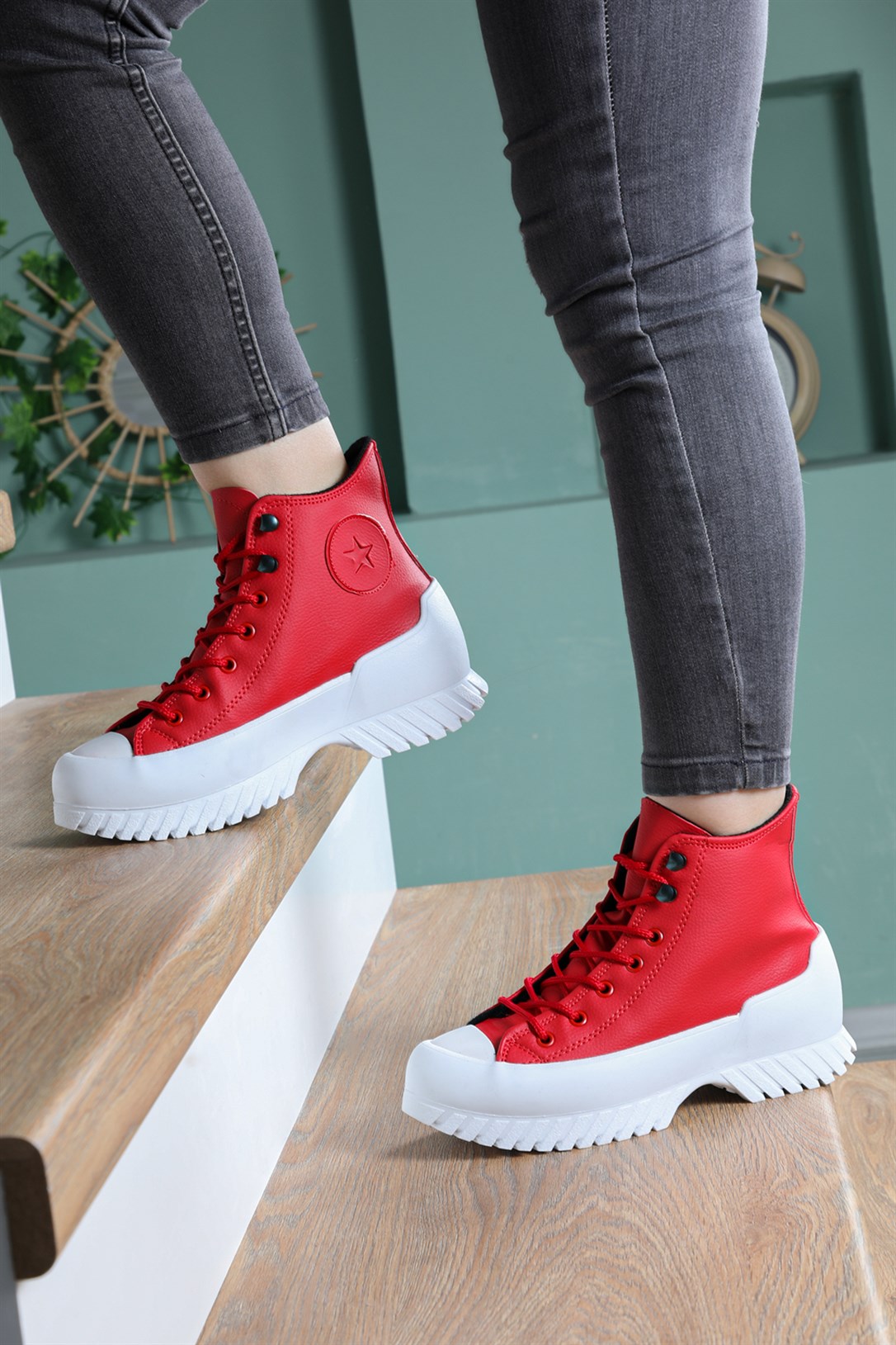 Beınsteps Kalın Taban Boğazlı Cilt Converse Kırmızı Unisex Spor Ayakkabı  102 | Ayakkabı City