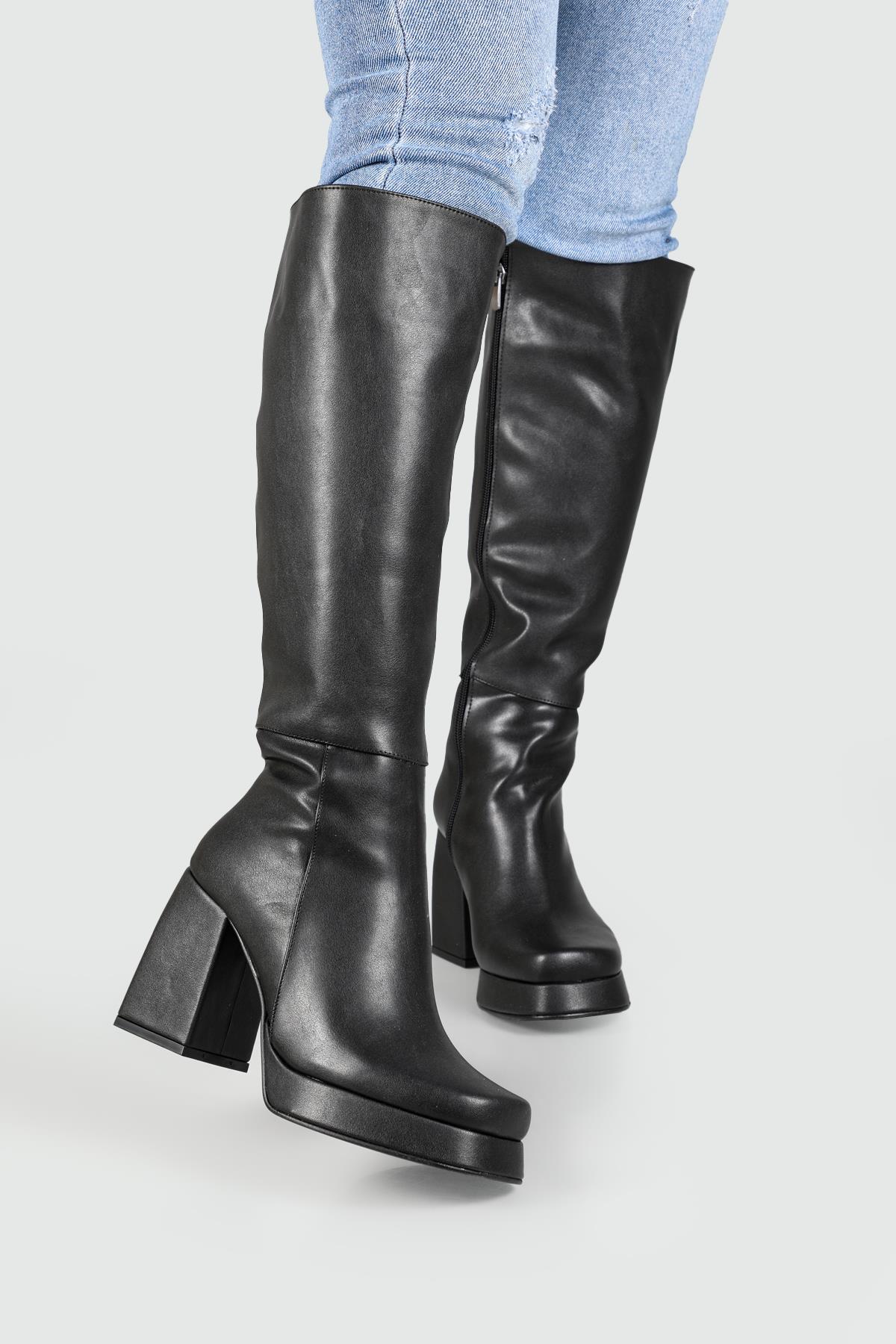 Kalın Taban Fermuarlı Streç Çizme Siyah Kadın Bot 91-143 Kadın Çizme FELES FELES 91-143 Kadın Çizme