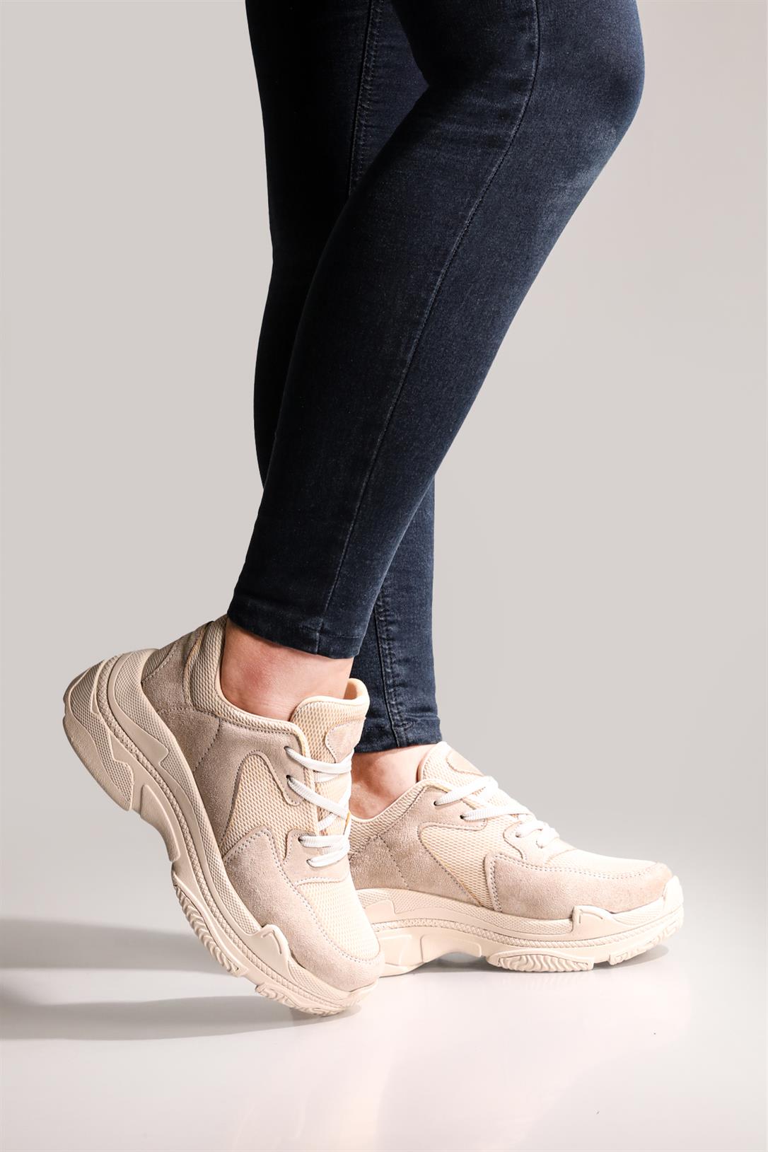 Nefes Alır Kalın Taban Bağcıklı Bej Süet Kadın Spor Ayakkabı Ş-10 Kadın Sneaker Beınsteps BEINSTEPS Ş-10 Anoraklı 23Y