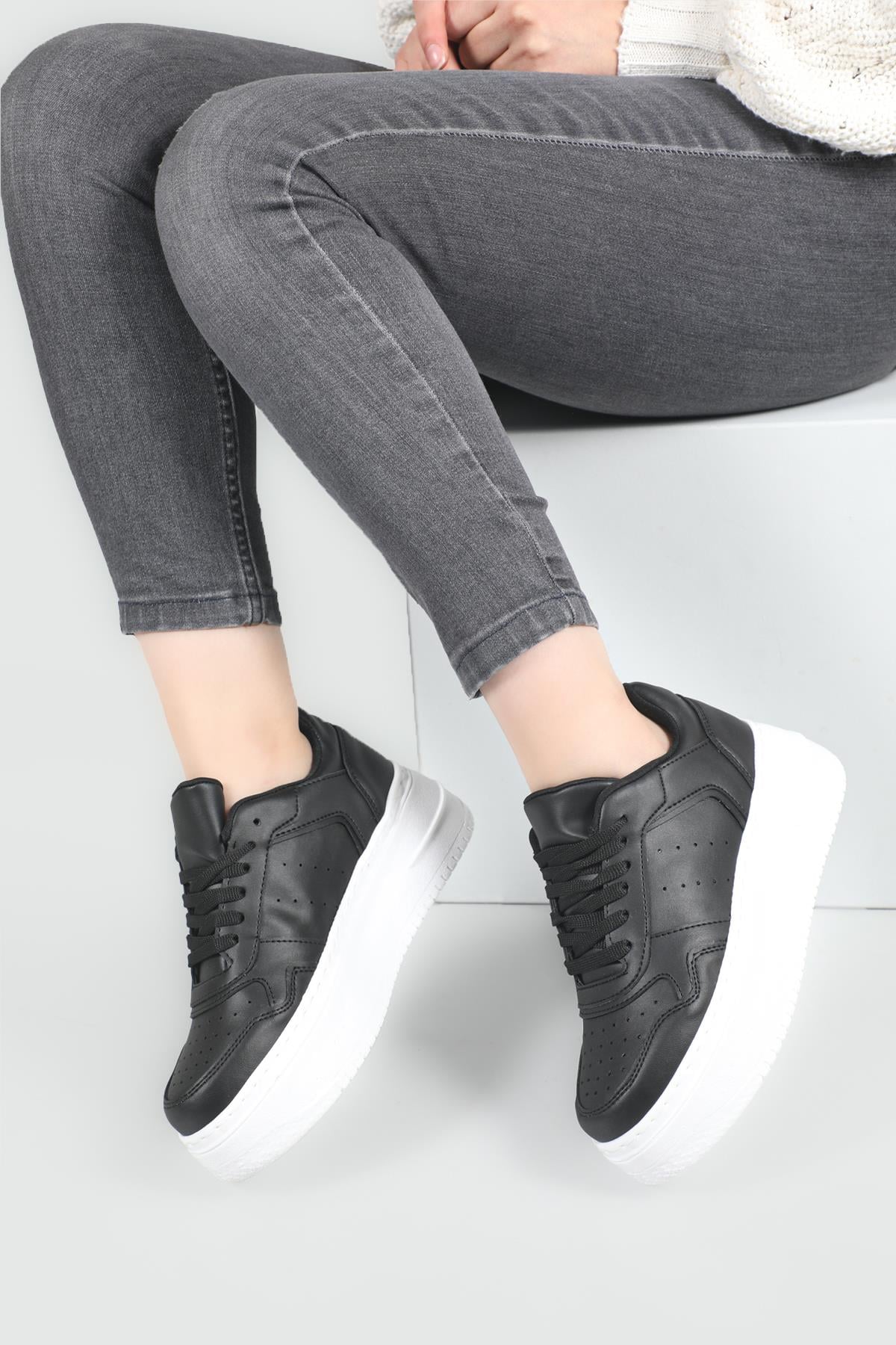 Nefes Alır Kalın Taban Bağcıklı Siyah Beyaz Kadın Spor Ayakkabı Harley Kadın Sneaker Beınsteps Beinsteps Ş-16 22Y