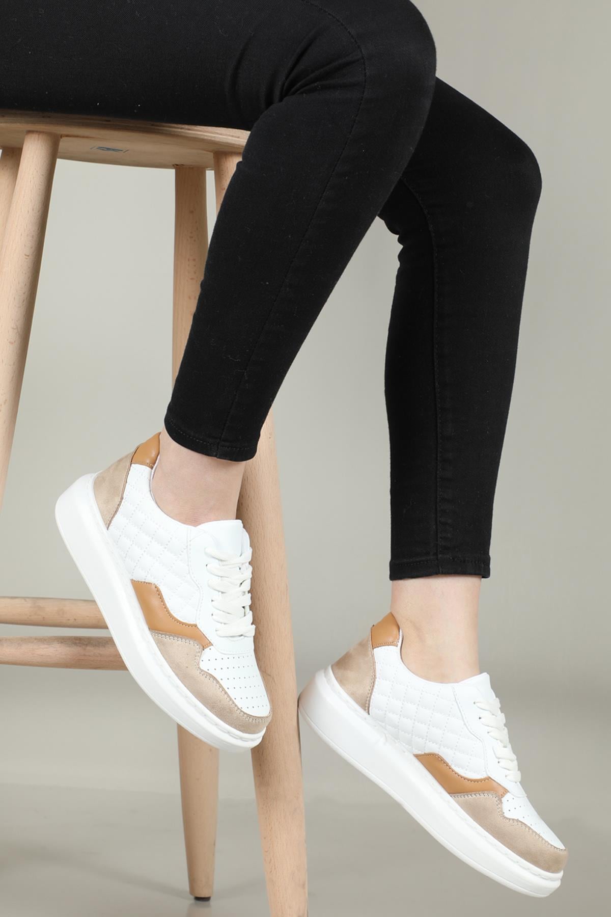Nefes Alır Ortopedik Beyaz Bej Kadın Spor Ayakkabı MARS Kadın Sneaker Beınsteps Beinsteps Ş-8 MARS