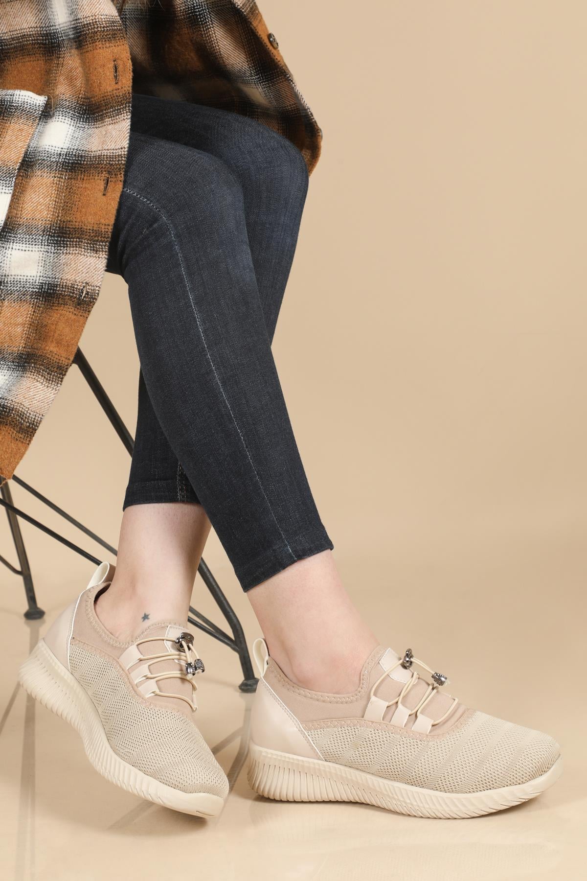 Nefes Alır Ortopedik Krem Kadın Ayakkabı Fanny Kadın Rahat / Confort Anatomik Beınsteps VARBA 802 Fanny Kadın Sneakers