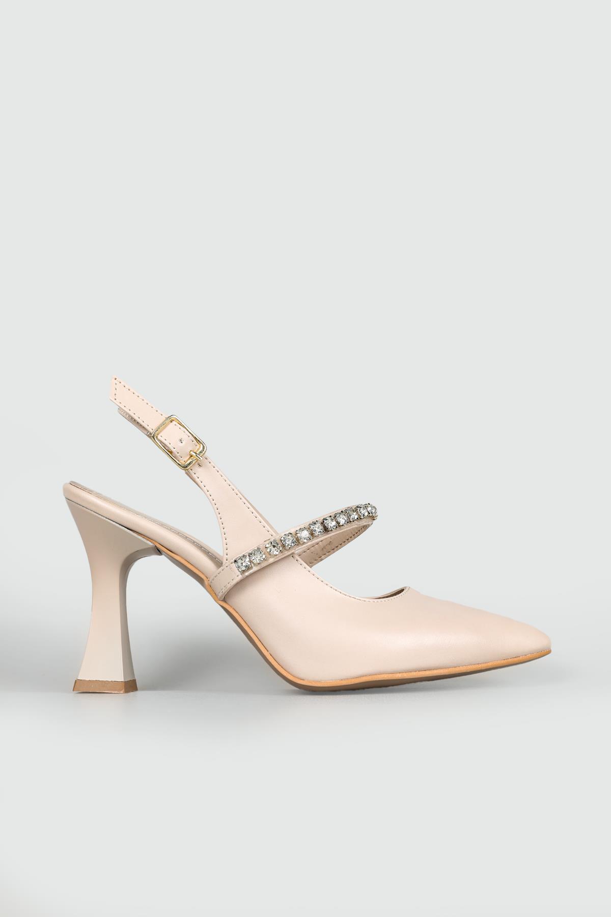 Önden Taş Bantlı Kadeh Topuklu Nut Kadın Ayakkabı 18-108 Kadın Yüksek Topuklu FELES FELES 18-108 22Y