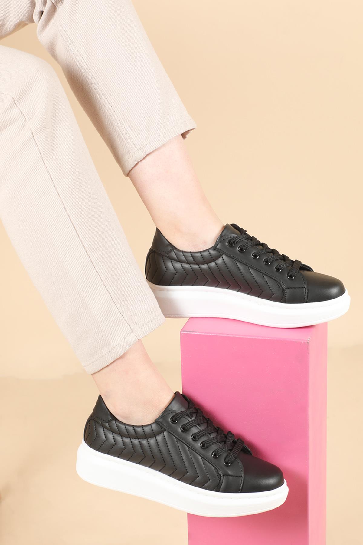 Ortopedik Siyah Beyaz Kadın Spor Ayakkabı HELİX Kadın Sneaker Beınsteps BEİNSTEPS Ş-04 HELİX