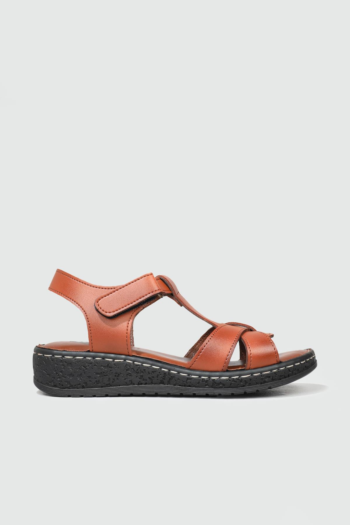 Ortopedik Taban Rahat Cırtlı Taba Kadın Sandalet MM-E015 Kadın Düz Sandalet Cıtyzen Cityzen MM-E015 Sandalet 22Y