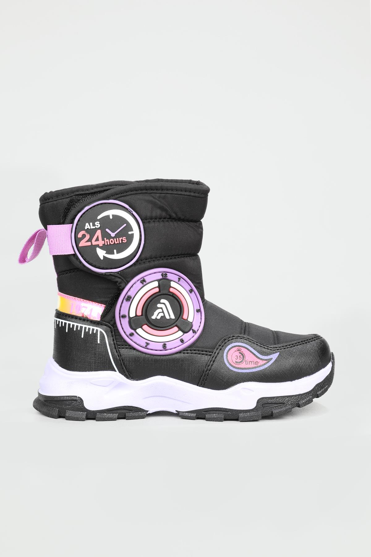 Paraşüt Kumaş Rahat Kalın Tabanlı Siyah Lila Çocuk Bot 2221 Çocuk Yağmur ve Kar Botu Alessio Alessio 2221 Çocuk Kar Botu