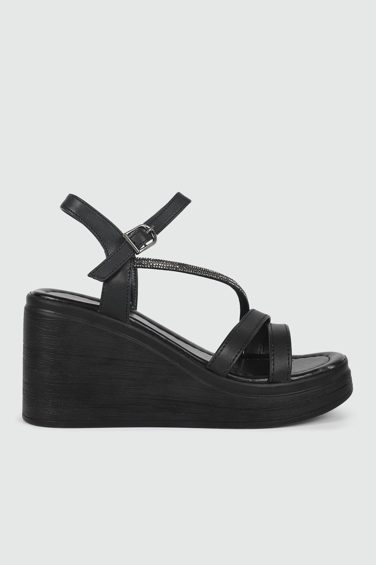 Platform Topuklu Siyah Kadın Sandalet 503 Kadın Dolgu Topuklu Sandalet MyBella My Bella SP-503 Kadın 24Y
