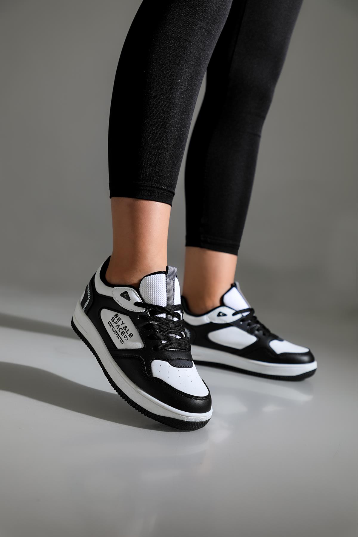 Rahat Bağcıklı Günlük Beyaz Siyah Unisex Spor Ayakkabı 2181 Unisex Günlük Spor Ayakkabı Lambırlent LAMBIRLENT 2181 UNİSEX SPOR