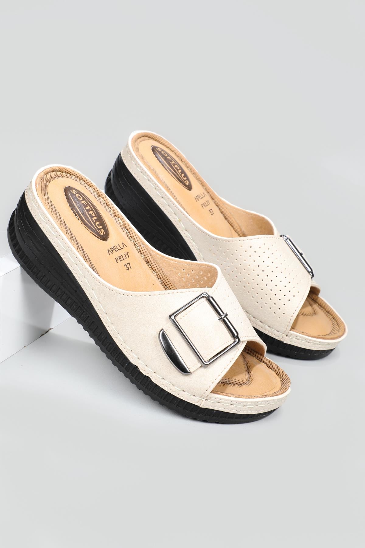 Rahat Comfort Bej Kadın Terlik 462-5 Kadın Ortopedik Terlik Apella APELLA 462-5 ZEN TEK TOKALI