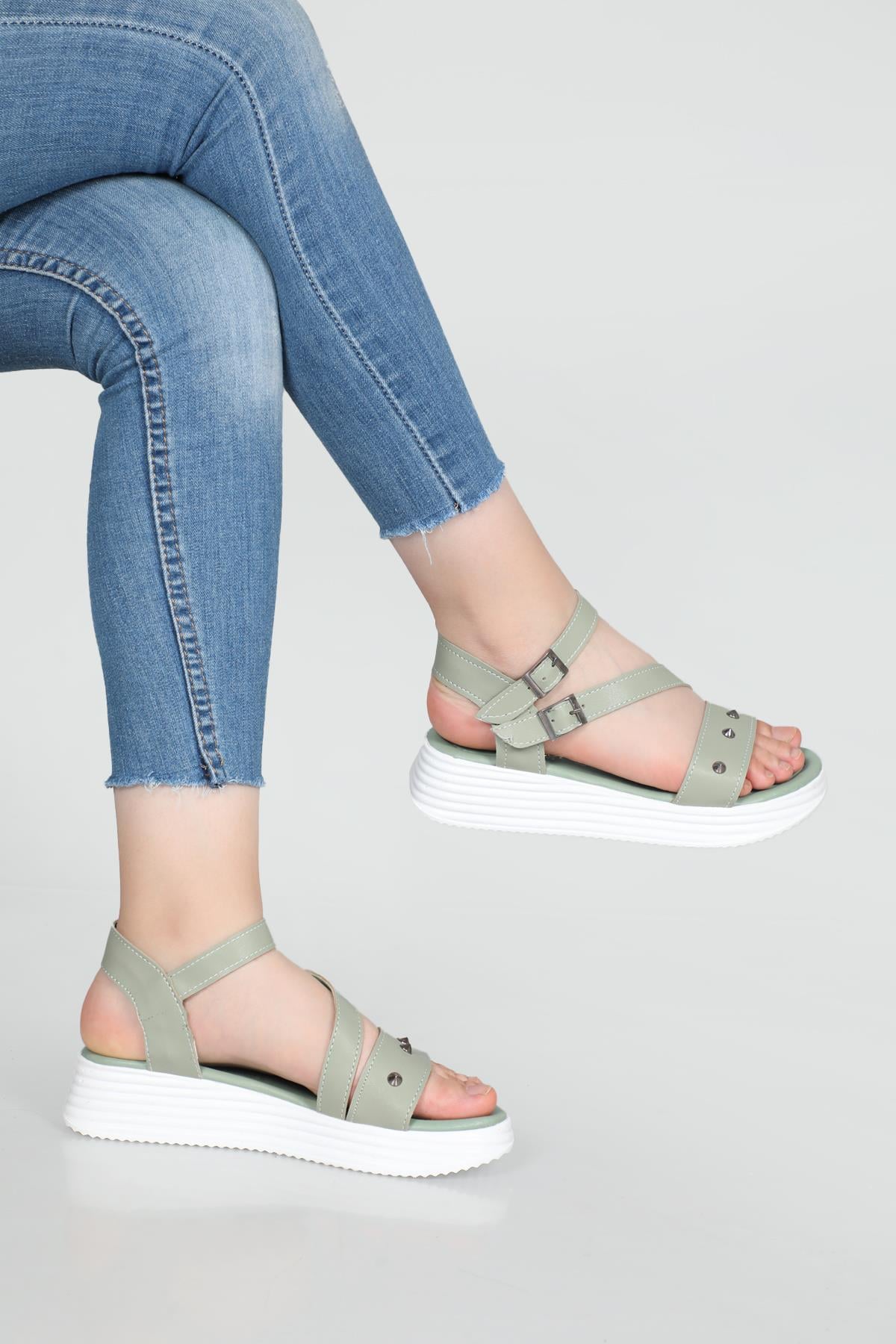 Rahat Günlük Zımbalı Mint Yeşil Kadın Sandalet S-22185 Kadın Düz Sandalet Carla Bella Cb S-22185 Sandalet 22y