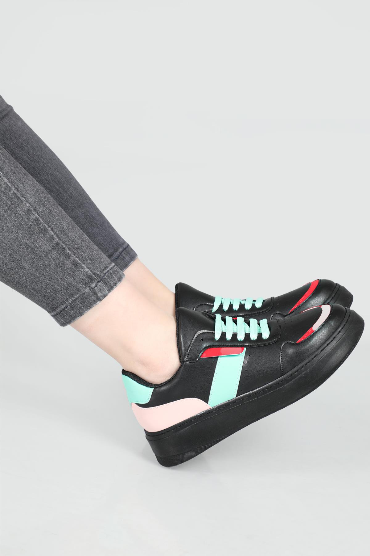 Rahat Nefes Alır Bağcıklı Siyah Yeşil Kadın Spor Ayakkabı LANARA Kadın Sneaker Beınsteps Beinsteps 3020 Lanara 22Y