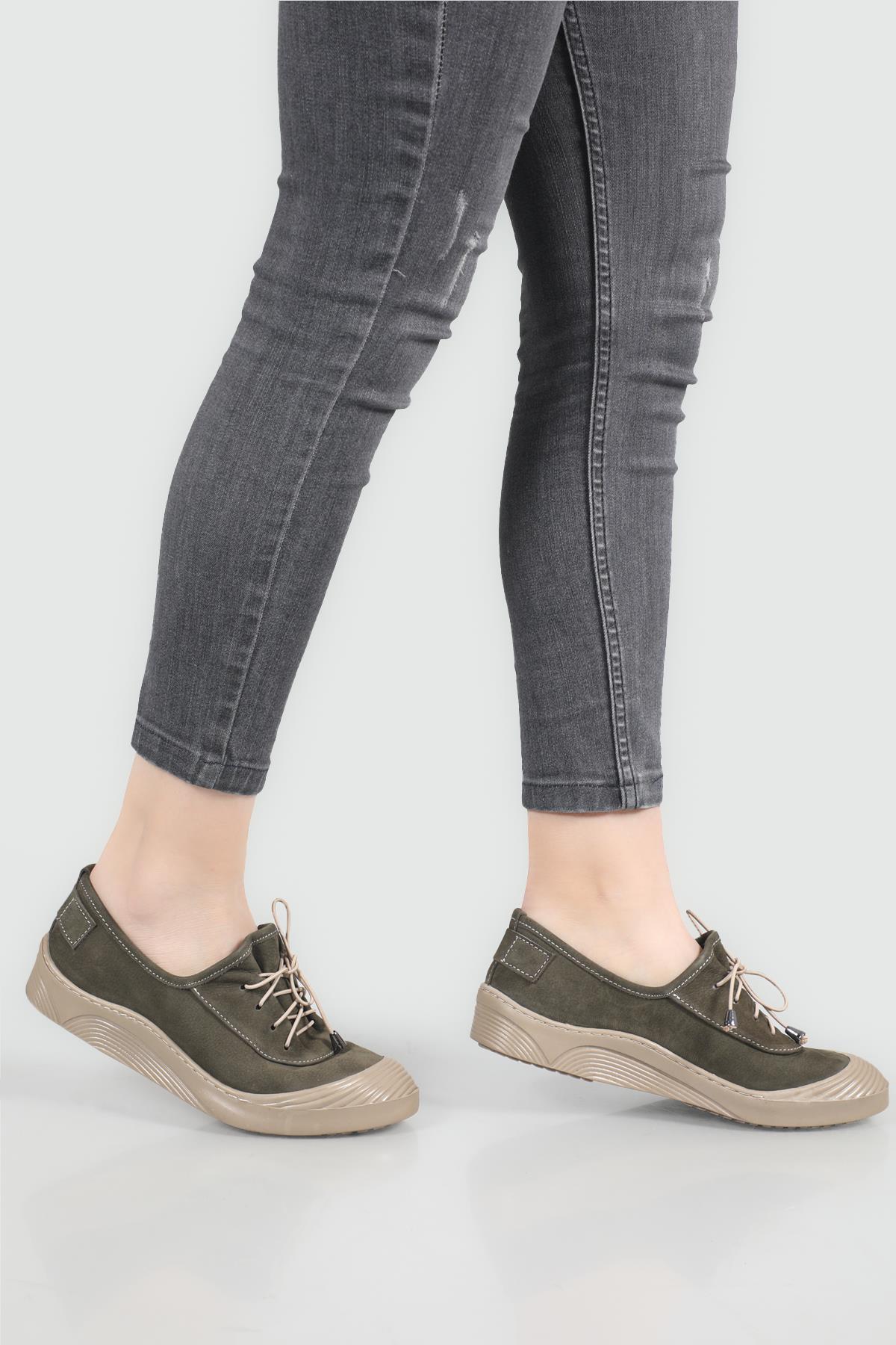 Rahat Ortopedik Taban Bağcıklı Haki Nubuk Kadın Ayakkabı B-V1031 Kadın Günlük Ayakkabı Cıtyzen Cityzen B-V1031 22Y