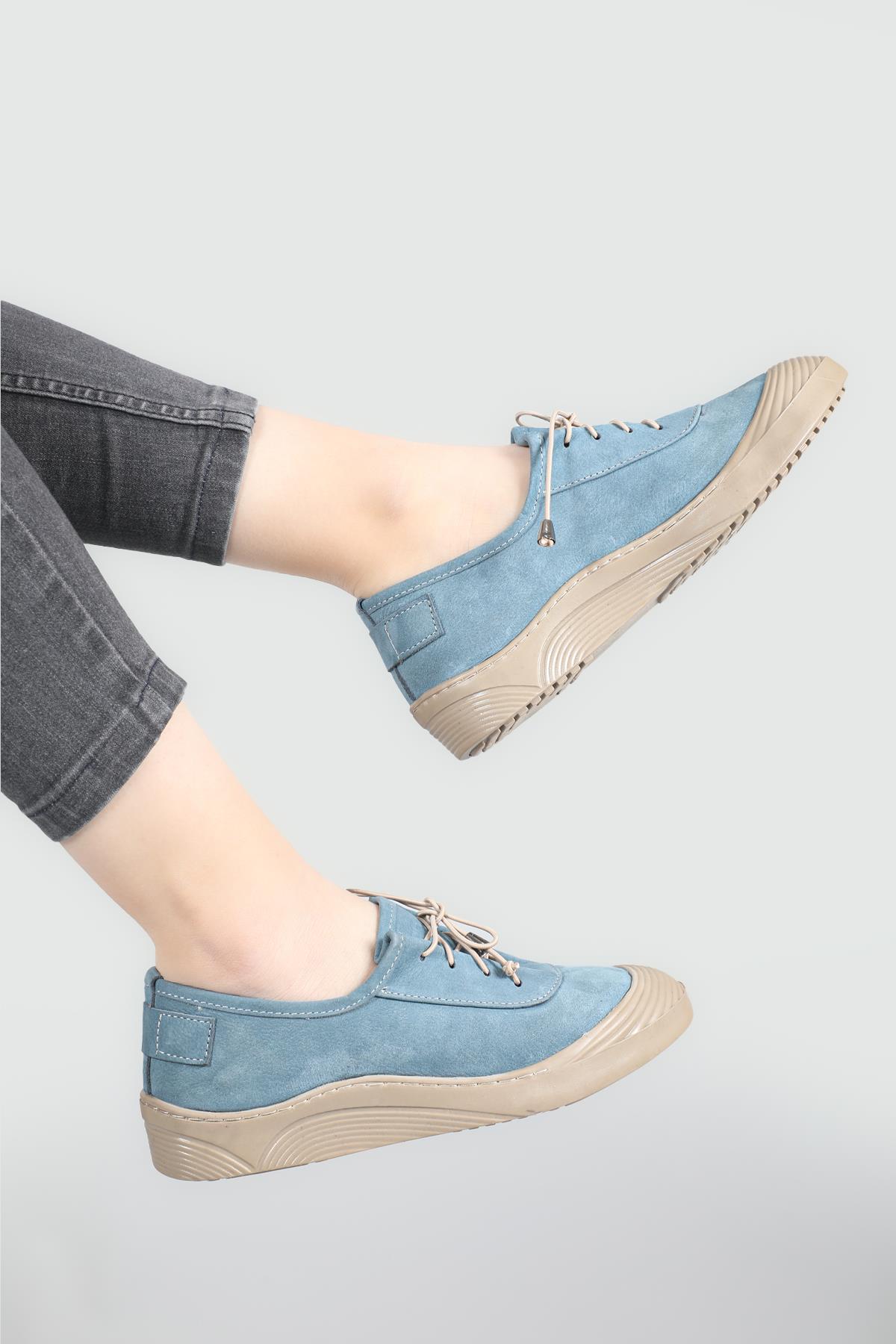 Rahat Ortopedik Taban Bağcıklı Mavi Nubuk Kadın Ayakkabı B-V1031 Kadın Günlük Ayakkabı Cıtyzen Cityzen B-V1031 22Y
