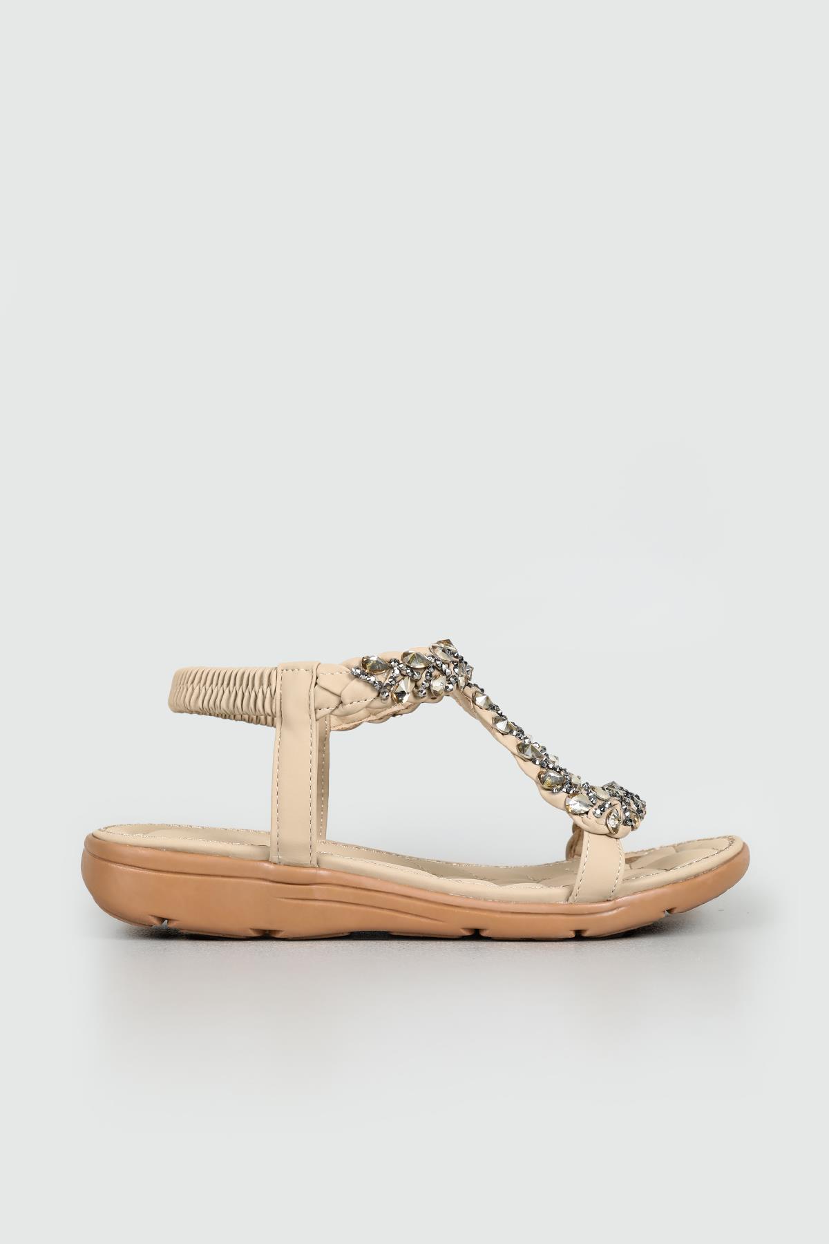 Rahat Taban Taşlı Lastikli Bej Kadın Sandalet 120-25 Kadın Düz Sandalet Guja GUJA 120-25 ZEN SANDALET